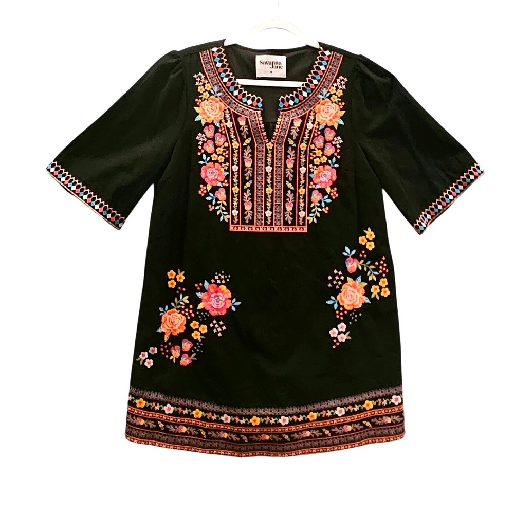 Savanna Jane Black Embroidered Floral Tunic Dress Sz M Boho Split Neckā #432